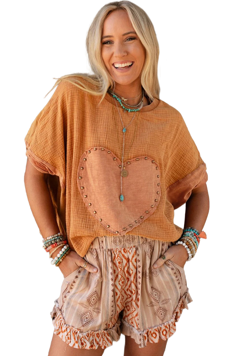 Desert Gold Stud Heart Patch Textured Dolman Top