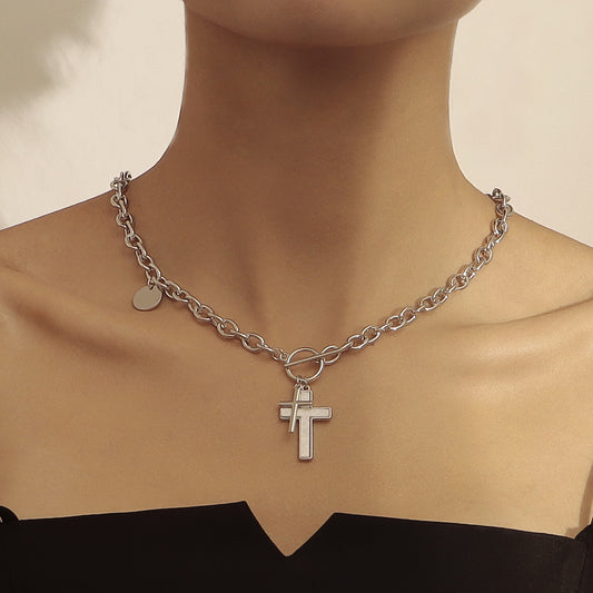 Double Cross White Shell Pendant Necklace