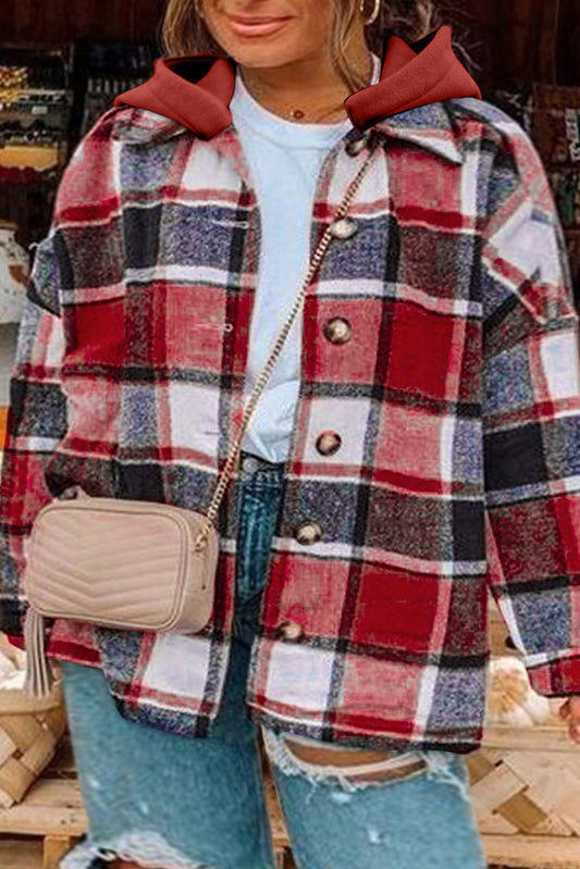 Red Plus Size Plaid Button Up Hooded Jacket