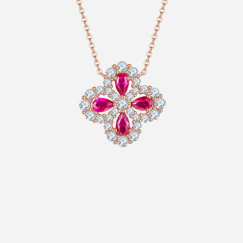 Lab-Grown Ruby Sterling Silver Flower Necklace